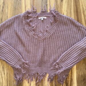 Love Tree Frayed V-Neck Sweater in Lavender